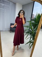 My 3578 Fiyonk Broşlu Bordo Elbise