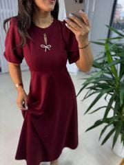 My 3578 Fiyonk Broşlu Bordo Elbise