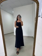 Ms 22 Kare Yaka Tensel Siyah Elbise