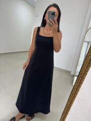 Ms 22 Kare Yaka Tensel Siyah Elbise
