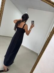 Ms 22 Kare Yaka Tensel Siyah Elbise