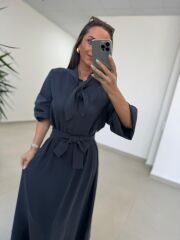 Fl 2348 Yaka Fular Detaylı Petrol Kuşaklı Elbise