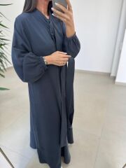 Fl 2348 Yaka Fular Detaylı Petrol Kuşaklı Elbise