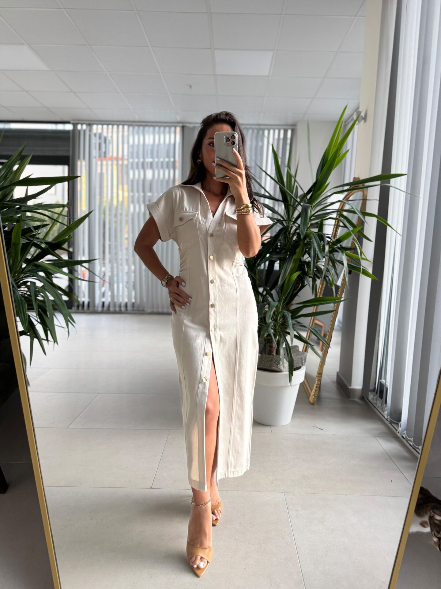 Sv Gold Düğme Detaylı Taş Denim Elbise