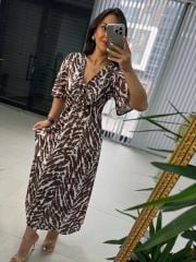 My 3407 Zebra Saten Kahve Elbise