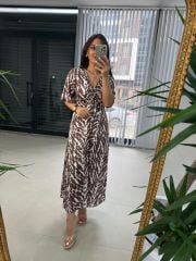 My 3407 Zebra Saten Kahve Elbise