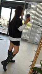 Poplin Detaylı Taşlı Siyah Sweat
