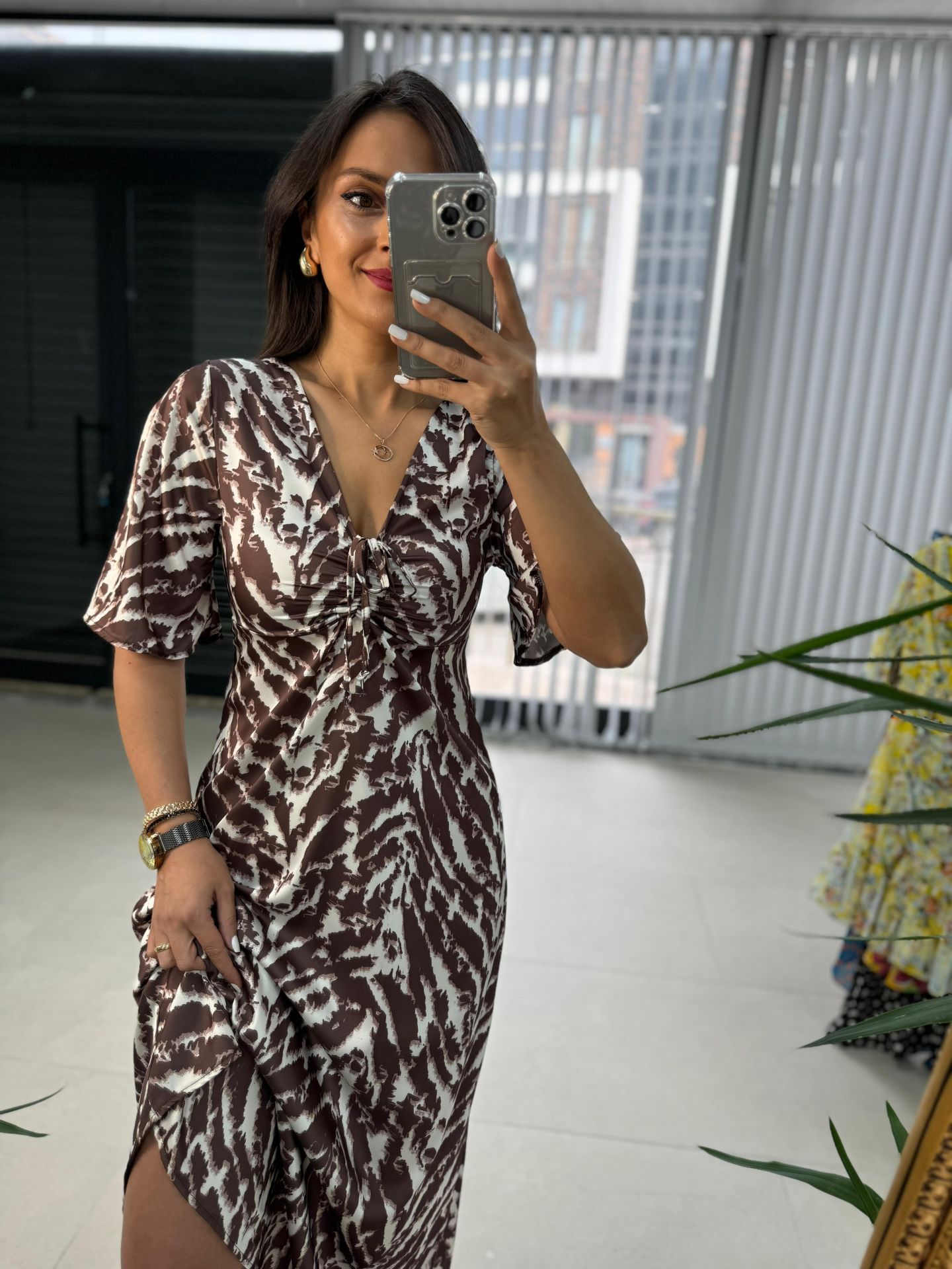 My 3407 Zebra Saten Kahve Elbise