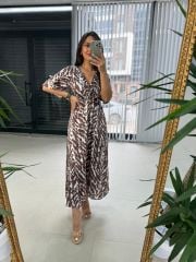 My 3407 Zebra Saten Kahve Elbise
