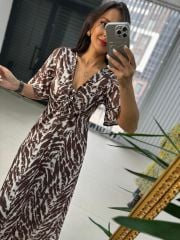 My 3407 Zebra Saten Kahve Elbise