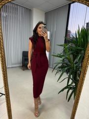 My 3582 Omuz Vatkalı Bordo Bağlamalı Elbise