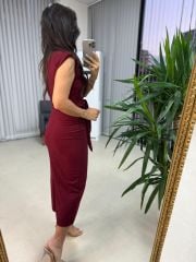 My 3582 Omuz Vatkalı Bordo Bağlamalı Elbise