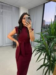 My 3582 Omuz Vatkalı Bordo Bağlamalı Elbise