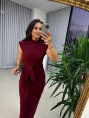 My 3582 Omuz Vatkalı Bordo Bağlamalı Elbise