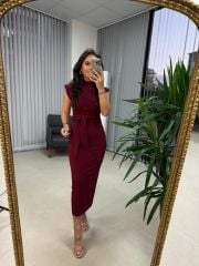 My 3582 Omuz Vatkalı Bordo Bağlamalı Elbise