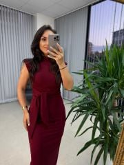 My 3582 Omuz Vatkalı Bordo Bağlamalı Elbise