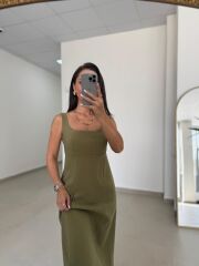 Ms 22 Kare Yaka Tensel Zeytin Yeşili Elbise