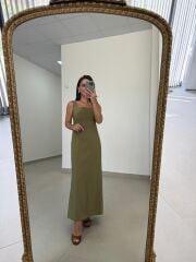 Ms 22 Kare Yaka Tensel Zeytin Yeşili Elbise