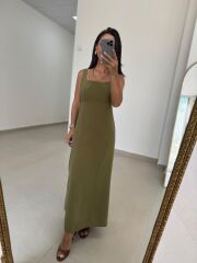 Ms 22 Kare Yaka Tensel Zeytin Yeşili Elbise
