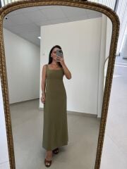 Ms 22 Kare Yaka Tensel Zeytin Yeşili Elbise
