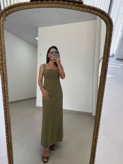 Ms 22 Kare Yaka Tensel Zeytin Yeşili Elbise