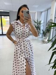 Nx 4883 Pudra Kahve Puantiyeli Gömlek Elbise