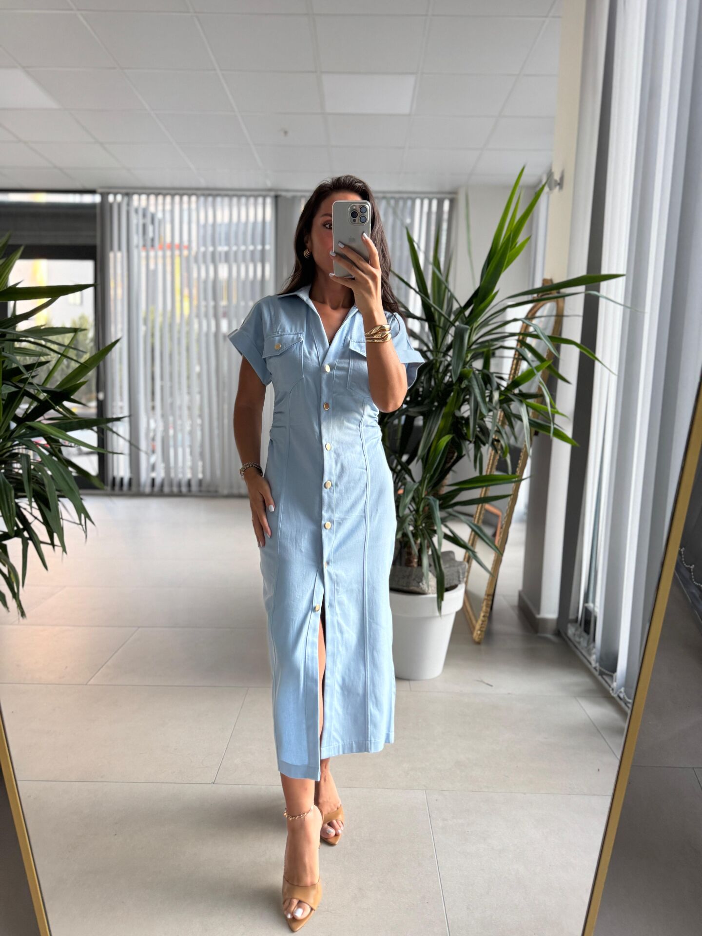 Sv Gold Düğme Detaylı Bebe Mavi Denim Elbise