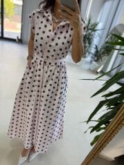 Nx 4883 Pudra Kahve Puantiyeli Gömlek Elbise