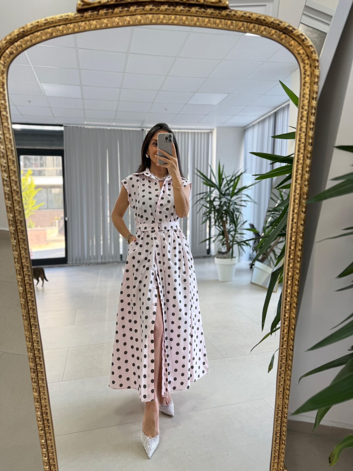 Nx 4883 Pudra Kahve Puantiyeli Gömlek Elbise