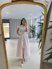 Nx 4883 Pudra Kahve Puantiyeli Gömlek Elbise