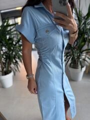 Sv Gold Düğme Detaylı Bebe Mavi Denim Elbise