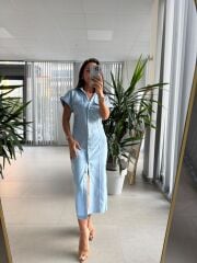 Sv Gold Düğme Detaylı Bebe Mavi Denim Elbise