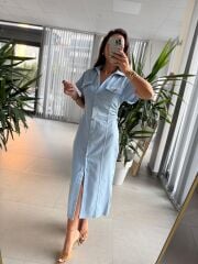 Sv Gold Düğme Detaylı Bebe Mavi Denim Elbise