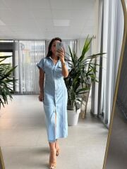Sv Gold Düğme Detaylı Bebe Mavi Denim Elbise
