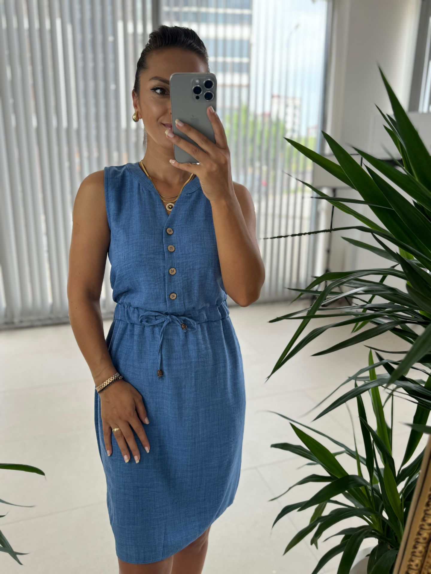 Mc 5967 Linen Sleeveless Indigo Dress