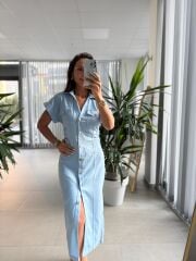 Sv Gold Düğme Detaylı Bebe Mavi Denim Elbise