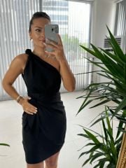 Mc 5871 One Shoulder Knot Detailed Black Dress