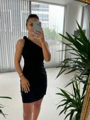 Mc 5871 One Shoulder Knot Detailed Black Dress