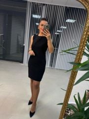 Ms Omuz Düğmeli Siyah Elbise