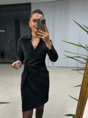 Mc Kruvaze Simli Tokalı Siyah Elbise