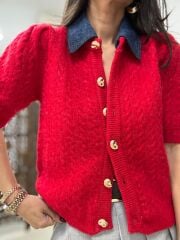 Pi 2723 Saç Örgü Denim Yaka Kırmızı Hırka