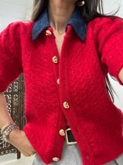 Pi 2723 Saç Örgü Denim Yaka Kırmızı Hırka
