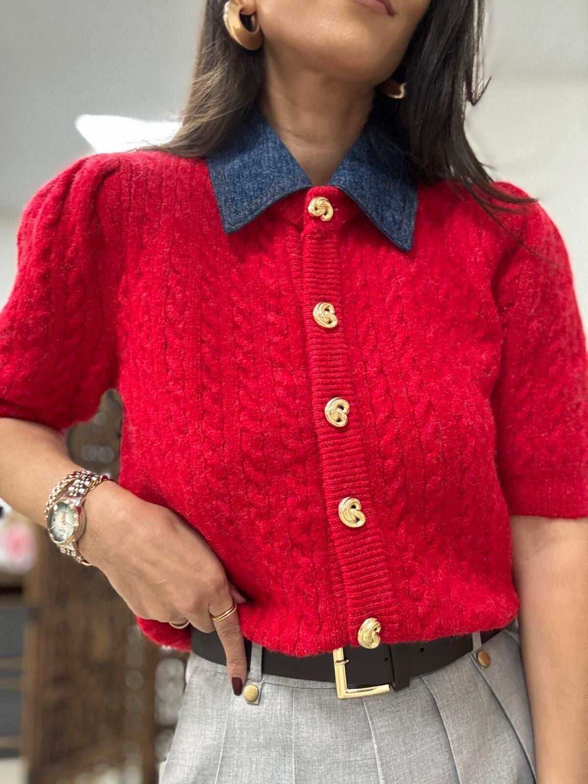 Pi 2723 Saç Örgü Denim Yaka Kırmızı Hırka
