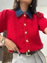 Pi 2723 Saç Örgü Denim Yaka Kırmızı Hırka