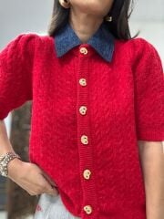 Pi 2723 Saç Örgü Denim Yaka Kırmızı Hırka
