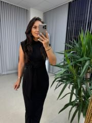 My 3582 Omuz Vatkalı Siyah Bağlamalı Elbise