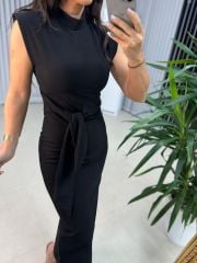 My 3582 Omuz Vatkalı Siyah Bağlamalı Elbise