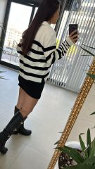 Beyaz Siyah Çizgili Kazak