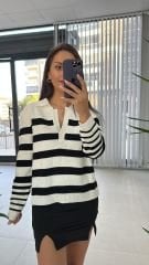 Beyaz Siyah Çizgili Kazak