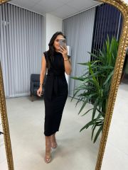 My 3582 Omuz Vatkalı Siyah Bağlamalı Elbise